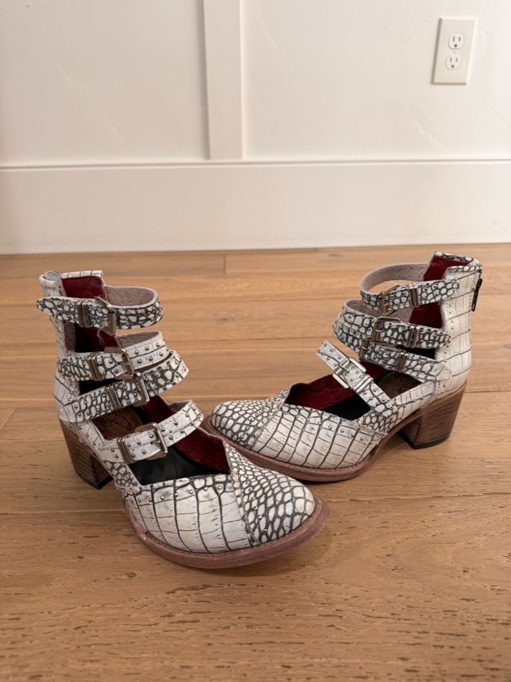 Felicity freebird White Croc-Embossed Multi-Buckle Heeled Boots